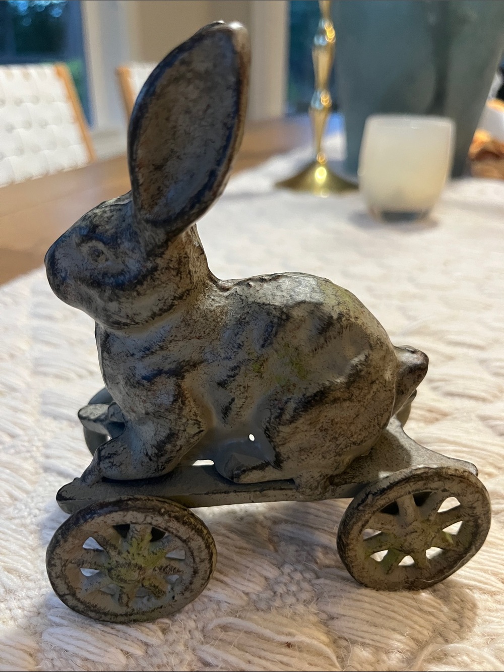 Rare Vintage Rustic Gray Metal Bunny on Wheels Decorative Accent